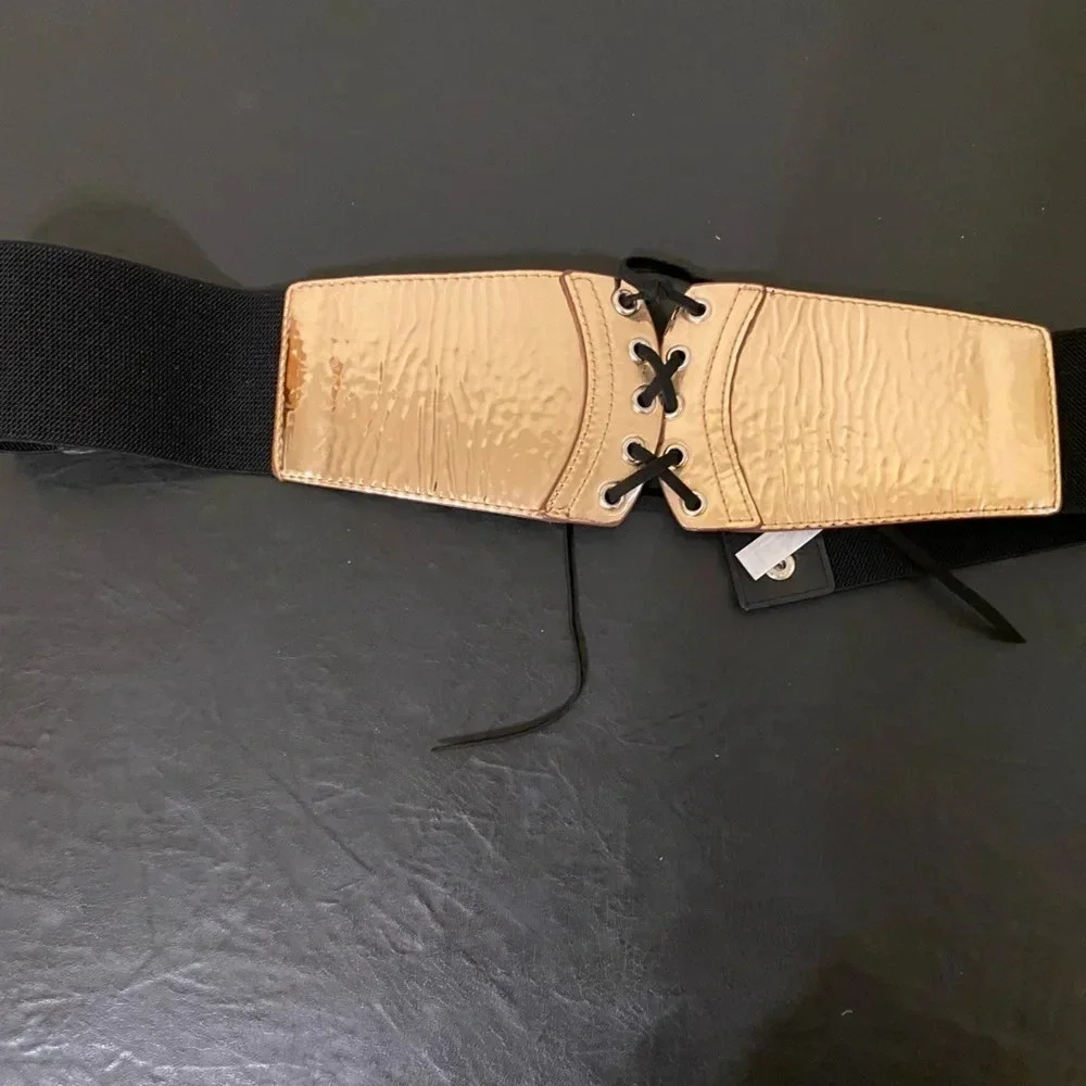 Charlotte Russo Black and Rose Gold Tone Gothic Wide lace front belt